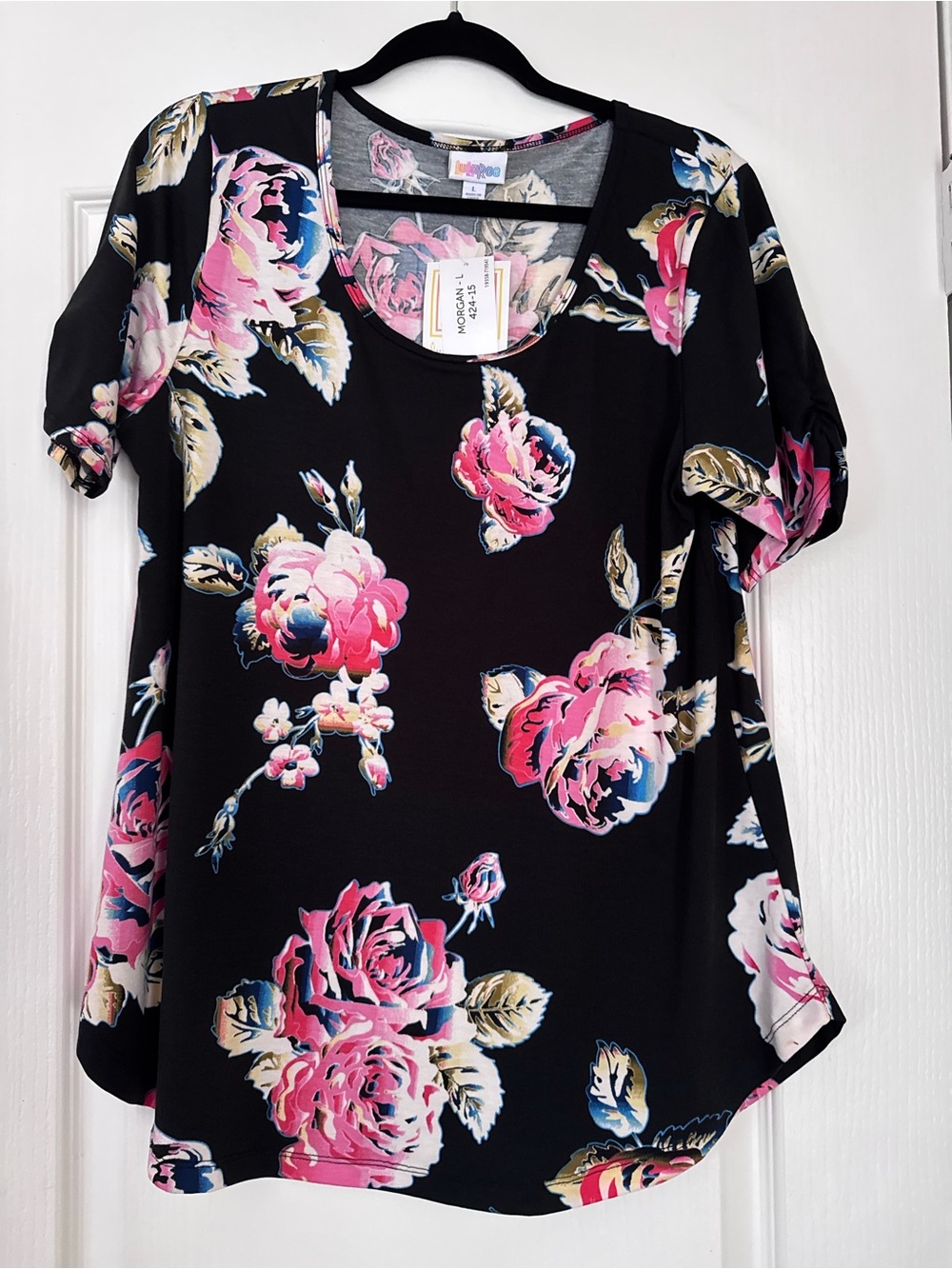 LuLaRoe Morgan Large Black Floral Scoop Neck Tunic with Pink Rose Print